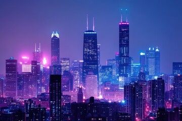 Obraz premium Vibrant urban skyline illuminated by neon hues at night showcasing the beauty of a bustling cityscape