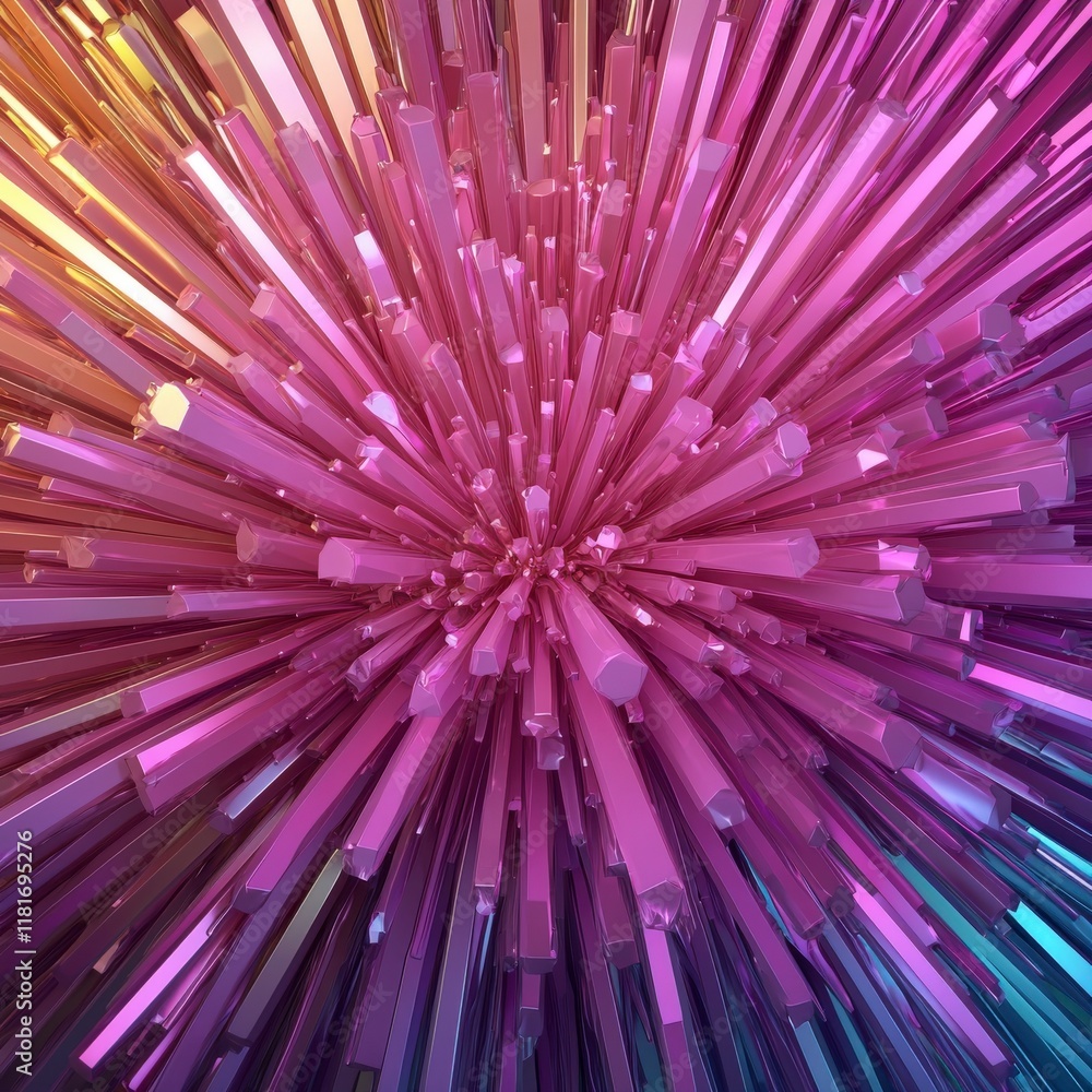 Poster vibrant abstract explosion of colorful three-dimensional shapes with light reflections and sharp edg