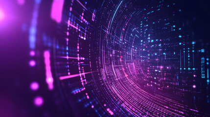 Fototapeta premium Purple neon light streaks radiating from the center on a dark background, evoking themes of technology, big data, and dots.