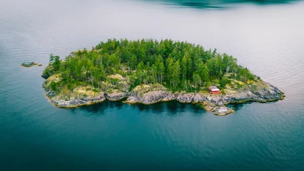 Fototapete Aerial view of a green island with a red cabin. © Wirestock