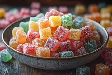 Close-up of a table full of colorful gummy worms in vibrant shades of red, green, yellow, and orange, creating a playful and sweet candy-filled scene