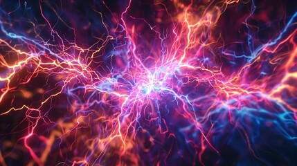 A vibrant, tiny cluster of multicolored electrical currents swirling in perfect symmetry, isolated on a dark surface.