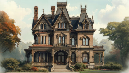 Obraz premium Majestic Victorian Mansion: Autumnal Elegance 