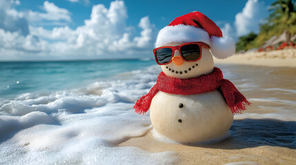 Snowman Wears Santa Hat & Sunglasses on Tropical Beach with Ocean Waves
