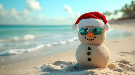 Sand Snowman Wears Sunglasses & Santa Hat on Tropical Beach for Christmas Vacation