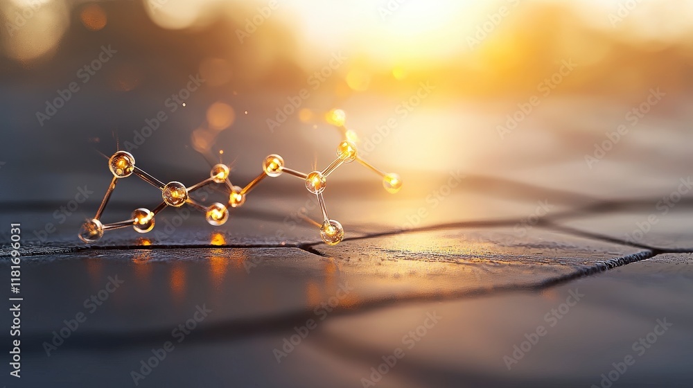 Poster beautiful molecular structure with glowing nodes on a textured surface illuminated by golden sunligh