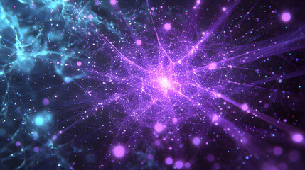 Fototapeta premium Purple neon light streaks radiating from the center on a dark background, evoking themes of technology, big data, and dots.