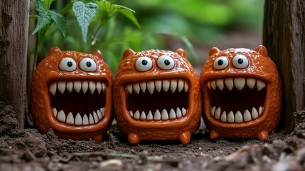 Three orange, toothy ceramic monsters with wide grins and googly eyes, displayed outdoors in a garden setting.