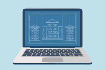 Laptop with keyboard and half moon on laptop screen in an open laptop with webcam and opened laptop vector illustration, laptop with blue keys.