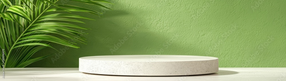 Poster a minimalistic display with a circular pedestal on a green background, complemented by a lush plant,
