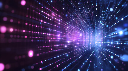 Naklejka premium Purple neon light streaks radiating from the center on a dark background, evoking themes of technology, big data, and dots.