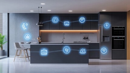 Fototapeta premium Smart home automation in modern kitchen with wireless connection technology. Internet of things concept.