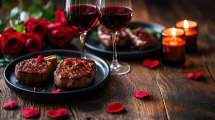 valentines day dinner, a romantic dinner with two steak plates and wine glasses on a rustic wooden table, surrounded by candles and roses, with space for text