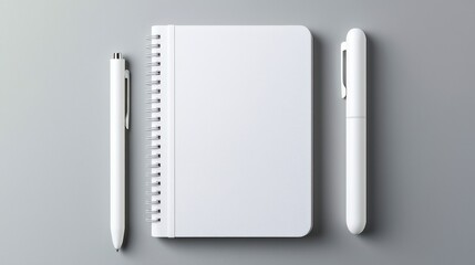 Elegant Minimalist Workspace with Blank Notebook and White Pens on Soft Gray Background for Creative Inspiration