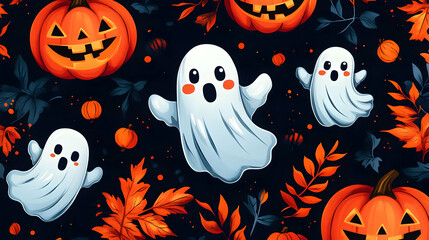Obraz premium Cute Ghosts Fly Around Pumpkins with Fall Leaves