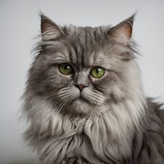 A fluffy gray Persian cat with long whiskers and green eyes, sitting calmly on a white background.