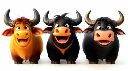 Three Cartoon Bulls Smile Brightly Together
