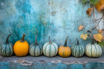 Colorful Collection of Various Pumpkins Displayed Against a Textured Blue and Green Wall with Dried Leaves in Autumn Season