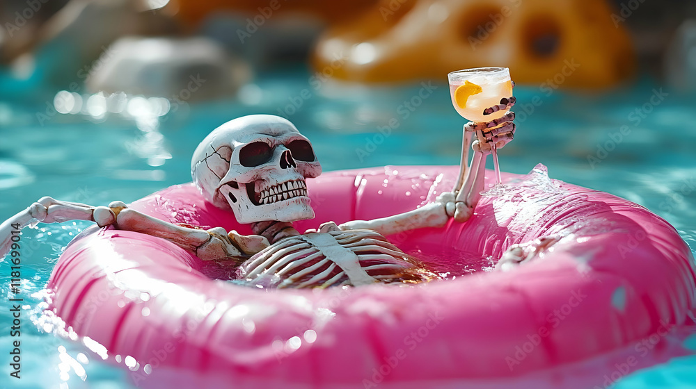 Poster skeleton relaxes in pool with drink on float