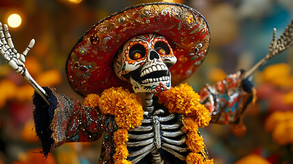 Obraz premium Skeleton Puppet Celebrates with Marigolds and Sombrero