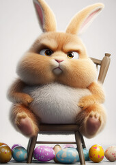 Chubby, Cute, Fluffy, Happy Looking Rabbit Sits on a Chair with Funny Expression, Surrounded by Easter Eggs in Cartoon Style