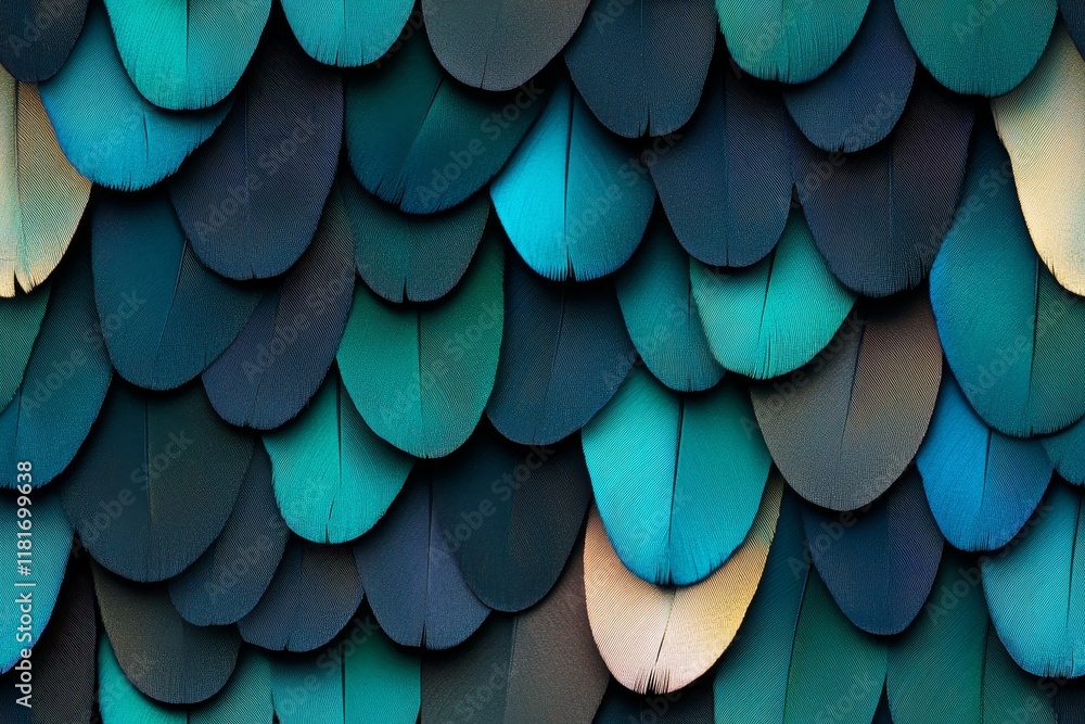 Poster colorful seamless pattern of overlapping feathers in various shades of blue and green creating a vib