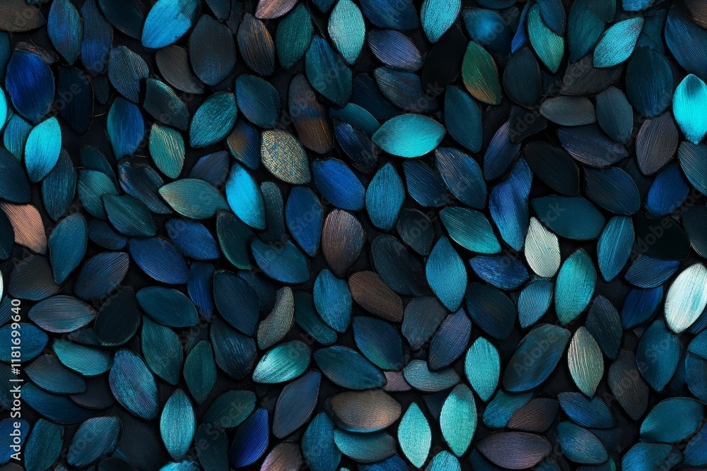 Poster intricate seamless pattern of vibrant blue and teal leaf shapes creating a stunning visual texture
