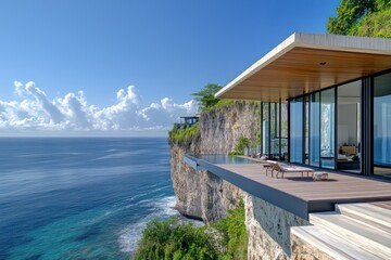 A modern clifftop beach house with cantilevered decks, a plunge pool, and breathtaking ocean panoramas
