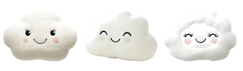 Collection of fluffy cloud-shaped pillow toy with embroidered smiling eyes, positioned on a pure white or transparent background.