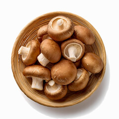 Fresh shiitake mushrooms or chinese mushrooms in a wicker basket isolated on white background