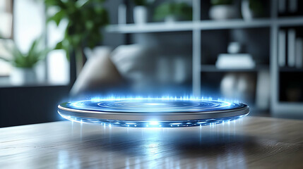 Obraz premium Futuristic Device Emits Light Beams on Table Smoothly in Modern Room Setting