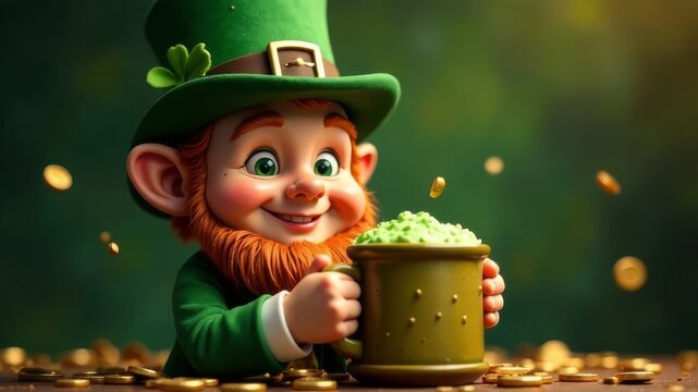 Adorable leprechaun in a green hat with a traditional green beer for St. Patrick's Day on a green background and falling gold coins