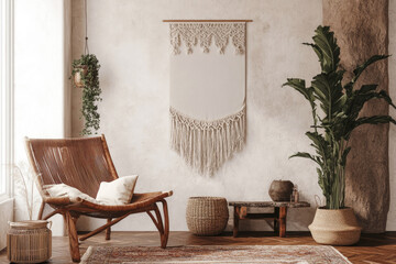 Bohemian style living room interior with macrame wall hanging, wicker chair, plants, and natural decor. 