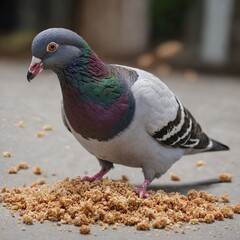 A cartoon pigeon eating breadcrumbs, clear background.