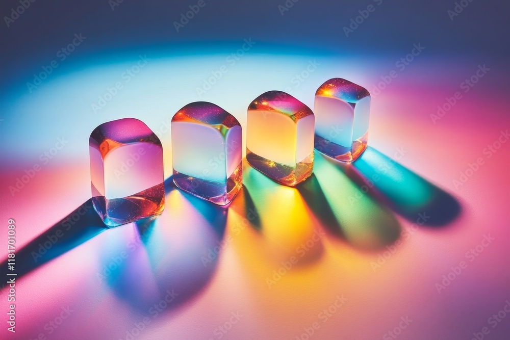 Poster colorful transparent cubes casting shadows in vibrant light reflections, creating an abstract and ar