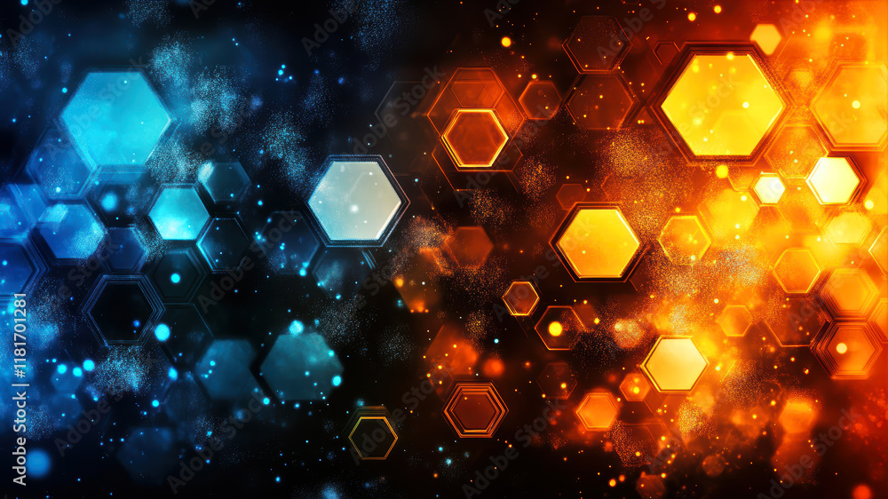 Poster hexagonal abstraction featuring vibrant glowing patterns in contrasting blue and orange hues
