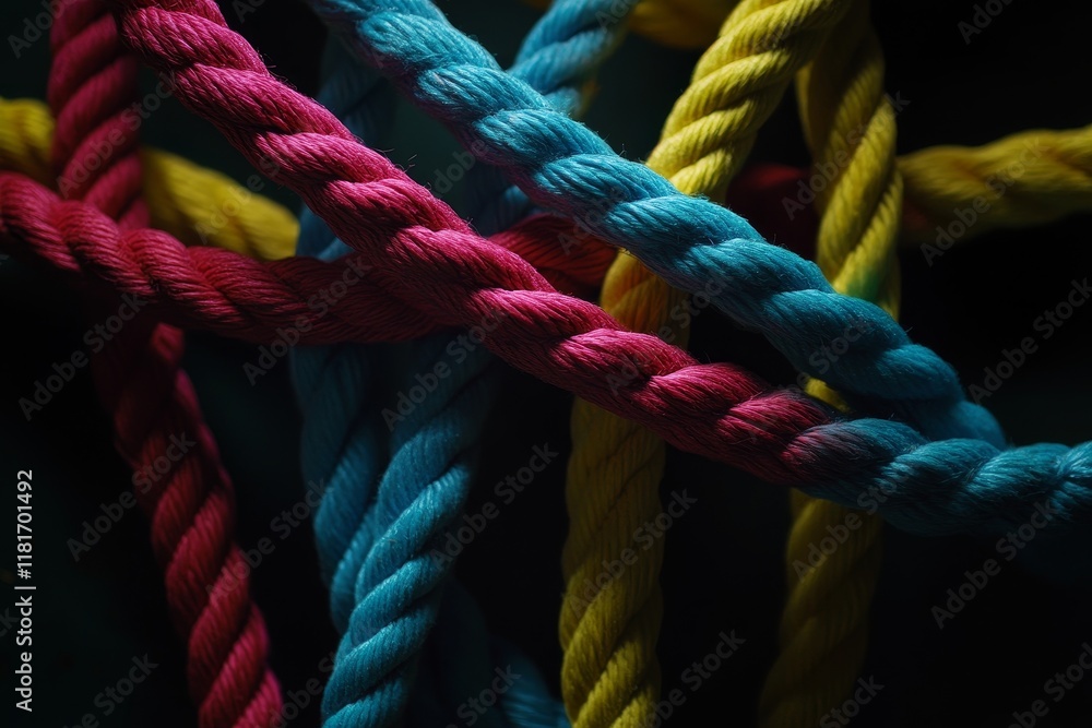Poster colorful twisted ropes intertwined in dynamic patterns and textures showcasing vibrant shades agains