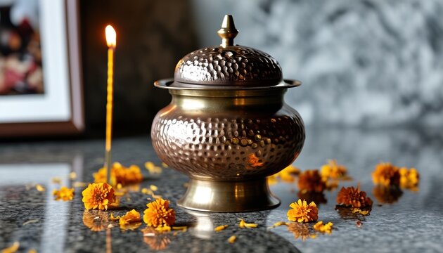 Copper and brass urn with marigold flowers and candle - Powered by Adobe