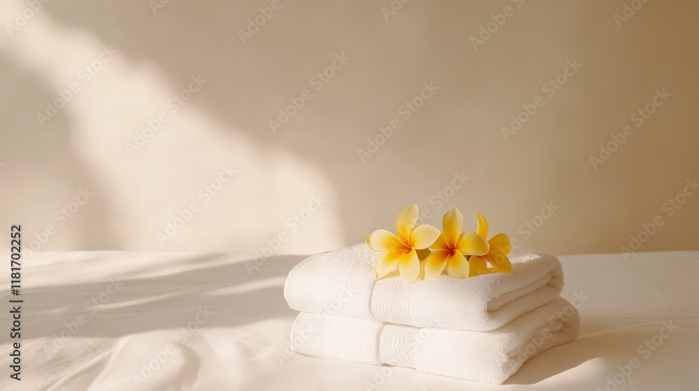 Poster soft white towels are neatly stacked on a bed, adorned with delicate frangipani flowers, creating a 