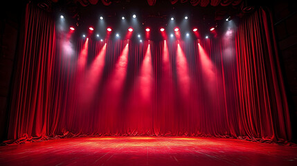 Red Stage Curtains Illuminated by Spotlights Gracefully Adorn a Theater