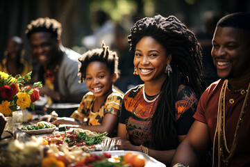 Joyful family gathering around a table with vibrant food and flowers, celebrating outdoors in warm sunlight with happy smiles and festive attire.