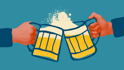 Pop art design. Two hands clink beer mugs filled with frothy beer against a teal background. Cheers. Halftone illustration. Concept of beer, party, celebration, festival, enjoyment