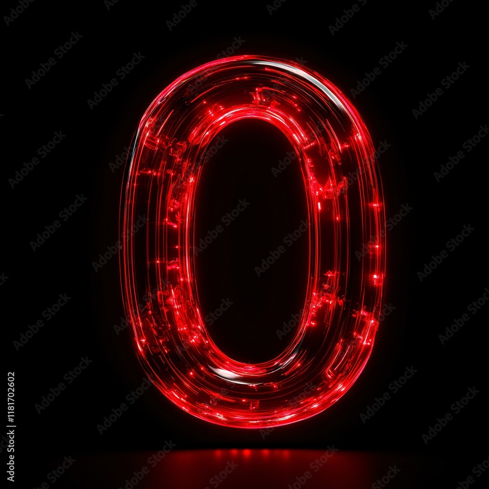 Poster glowing red neon number zero 3d render abstract light digit illuminated design element
