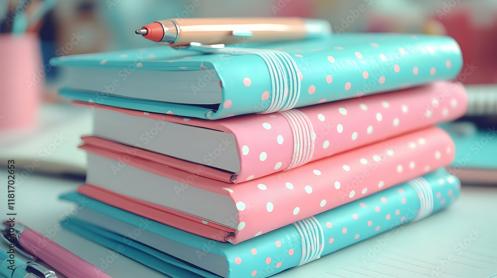Poster notebooks and pens create a study space aesthetically