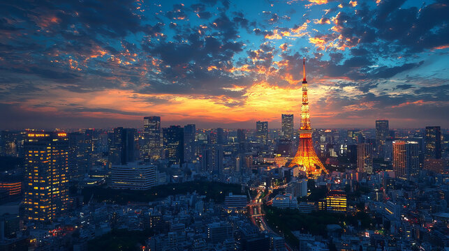 Tokyo city skyline with illuminated Tokyo Tower during a beautiful sunset
