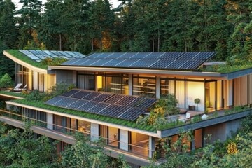 Obraz premium A modern eco-friendly home with a green roof, large solar panels, and a forested backdrop
