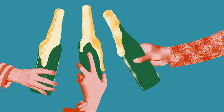 Digital design. Three hands holding green beer bottles with frothy white foam spilling over against a teal background. Halftone design technique. Concept of beer, party, celebration, festival, retro