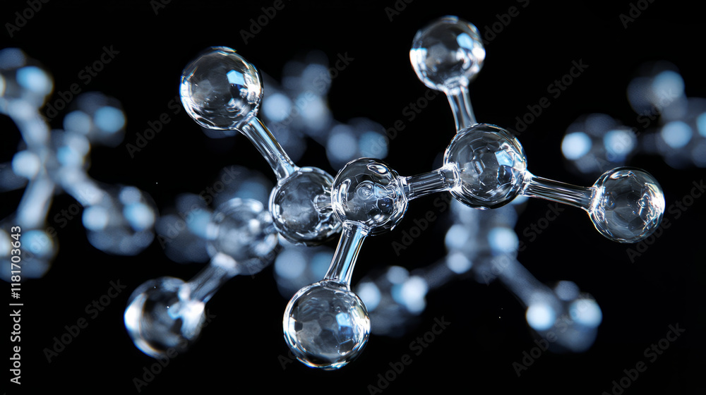 Poster transparent molecules structure floating on black background in 3d visualization
