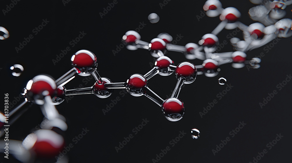 Poster molecular structure visualization featuring red and silver atomic spheres connected with bonds