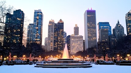 Obraz premium Cityscape Fountain Winter Wonderland Snowy Evening Illumination